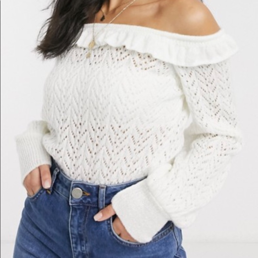 Miss Selfridge Frill Bardot Sweater in Cream